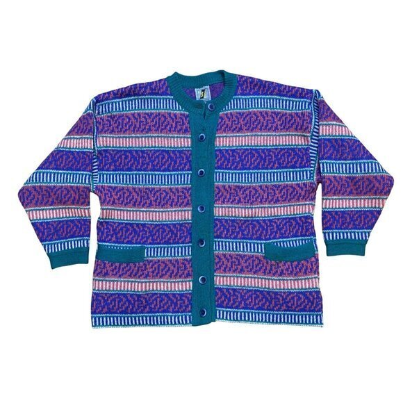 Vintage 80s/90s Pure Wool Cardigan Sweater With Stripe & Tribal Pattern Button-U - Picture 1 of 10